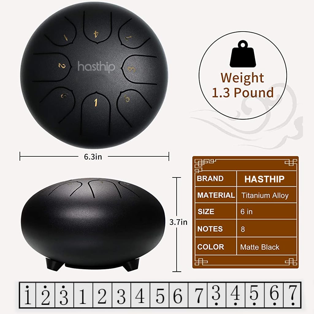 HASTHIP® Steel Tongue Drum 8 Note, 6 Inch | Black | Handpan Drum with Bag, Mallets & Music Book – Ideal for Meditation, Yoga, Musical Education & Healing