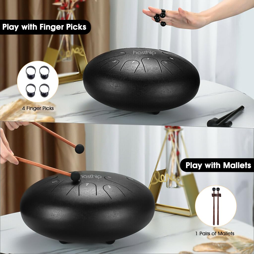 HASTHIP® Steel Tongue Drum 8 Note, 6 Inch | Black | Handpan Drum with Bag, Mallets & Music Book – Ideal for Meditation, Yoga, Musical Education & Healing