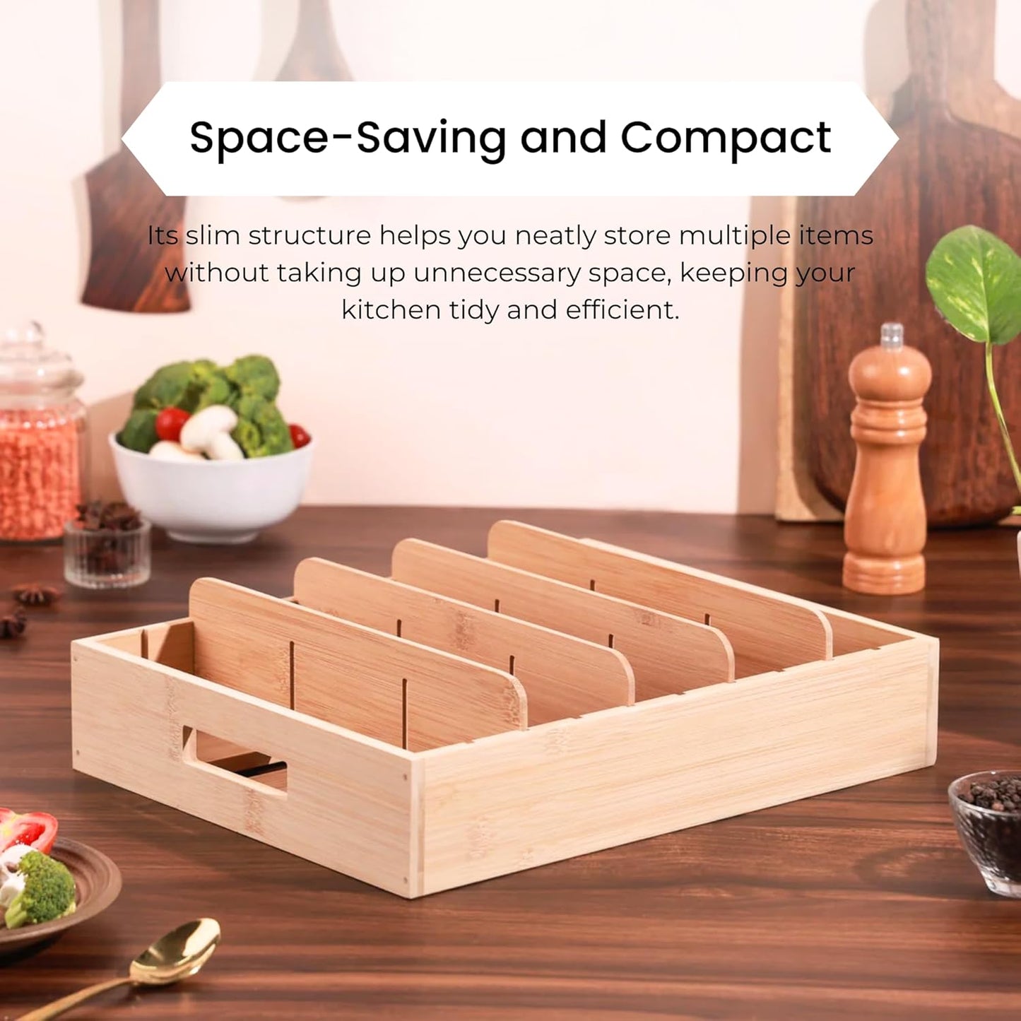 HomeEssentials Wooden Lid Organizer – 5 Compartments Rack/Adjustable Rack Pan Holder/Tava Stand/Pot Stand for Kitchen Organizers Kadai Tawa Storage Pot Lid Pans