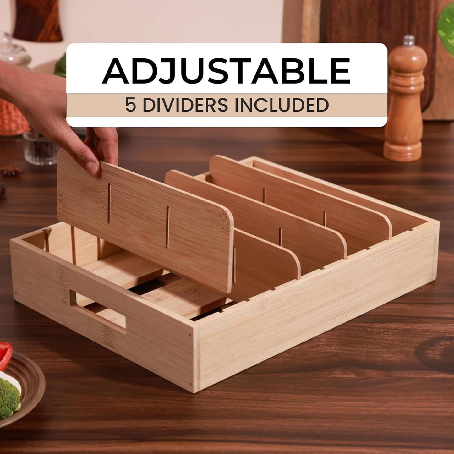 HomeEssentials Wooden Lid Organizer – 5 Compartments Rack/Adjustable Rack Pan Holder/Tava Stand/Pot Stand for Kitchen Organizers Kadai Tawa Storage Pot Lid Pans