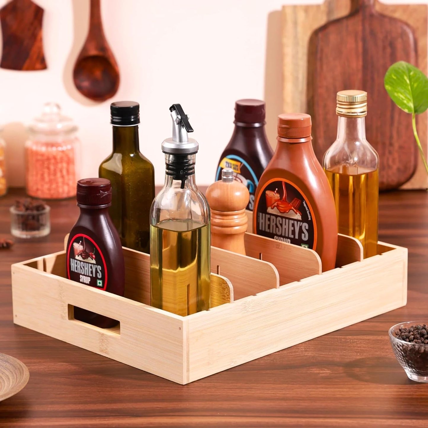 HomeEssentials Wooden Lid Organizer – 5 Compartments Rack/Adjustable Rack Pan Holder/Tava Stand/Pot Stand for Kitchen Organizers Kadai Tawa Storage Pot Lid Pans