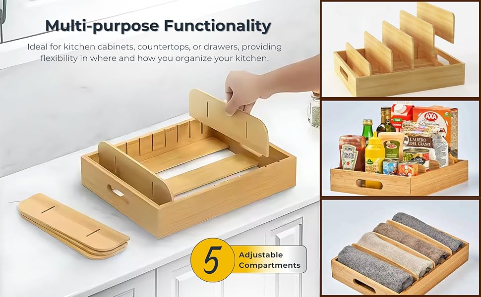 HomeEssentials Wooden Lid Organizer – 5 Compartments Rack/Adjustable Rack Pan Holder/Tava Stand/Pot Stand for Kitchen Organizers Kadai Tawa Storage Pot Lid Pans