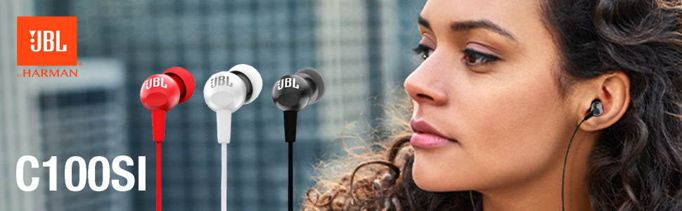 JBL C100SI Wired In Ear Headphones With Mic, Pure Bass Sound, One Button Multi-Function Remote, Premium Metallic Finish, Angled Buds For Comfort Fit (Black)