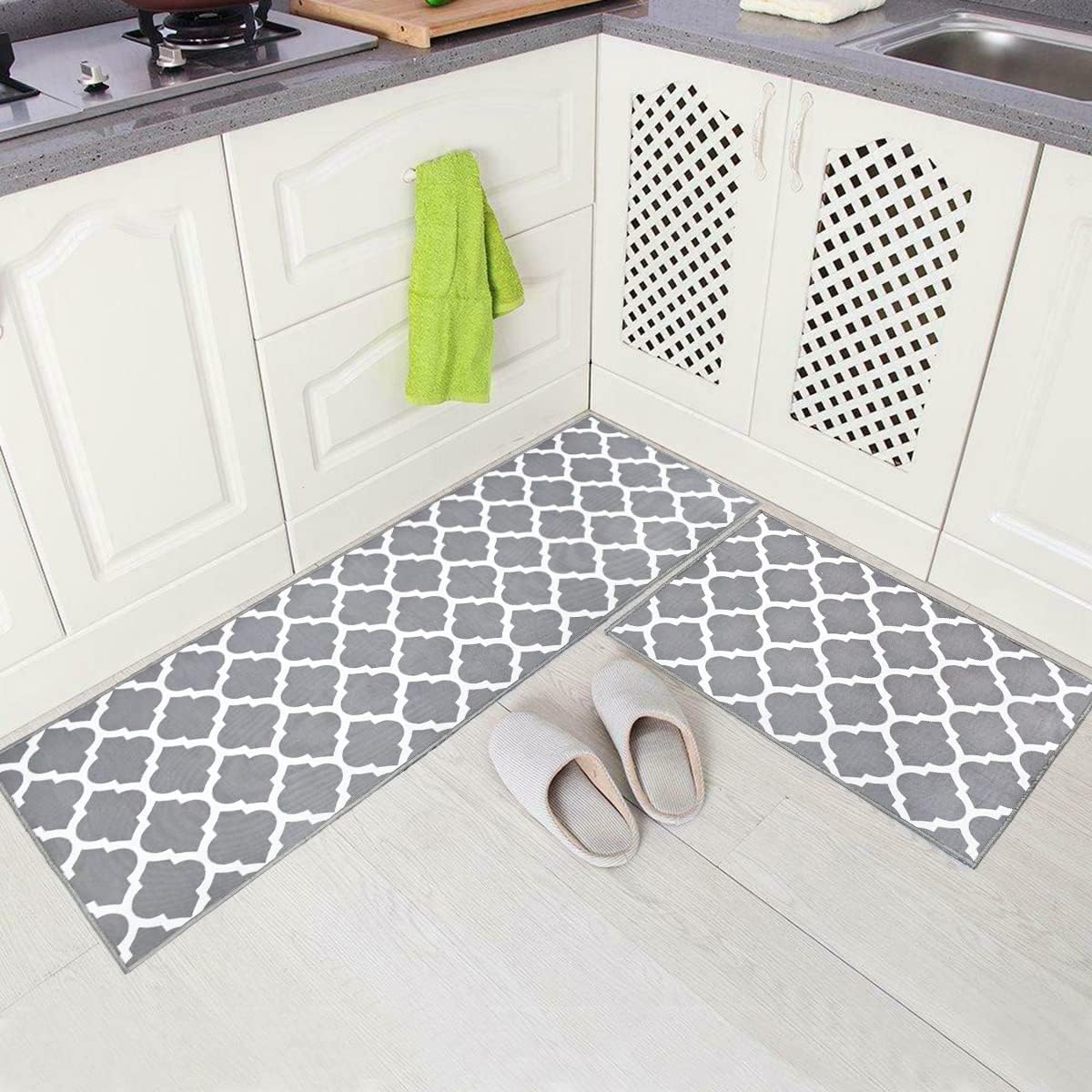 HomeCloud Kitchen Mat Combo | Anti-Slip Velvet Floor Mat Set for Kitchen, Room & Door (TRAP_GREY, 41x122 cm & 41x61 cm, 6mm Thick, Set of 2)