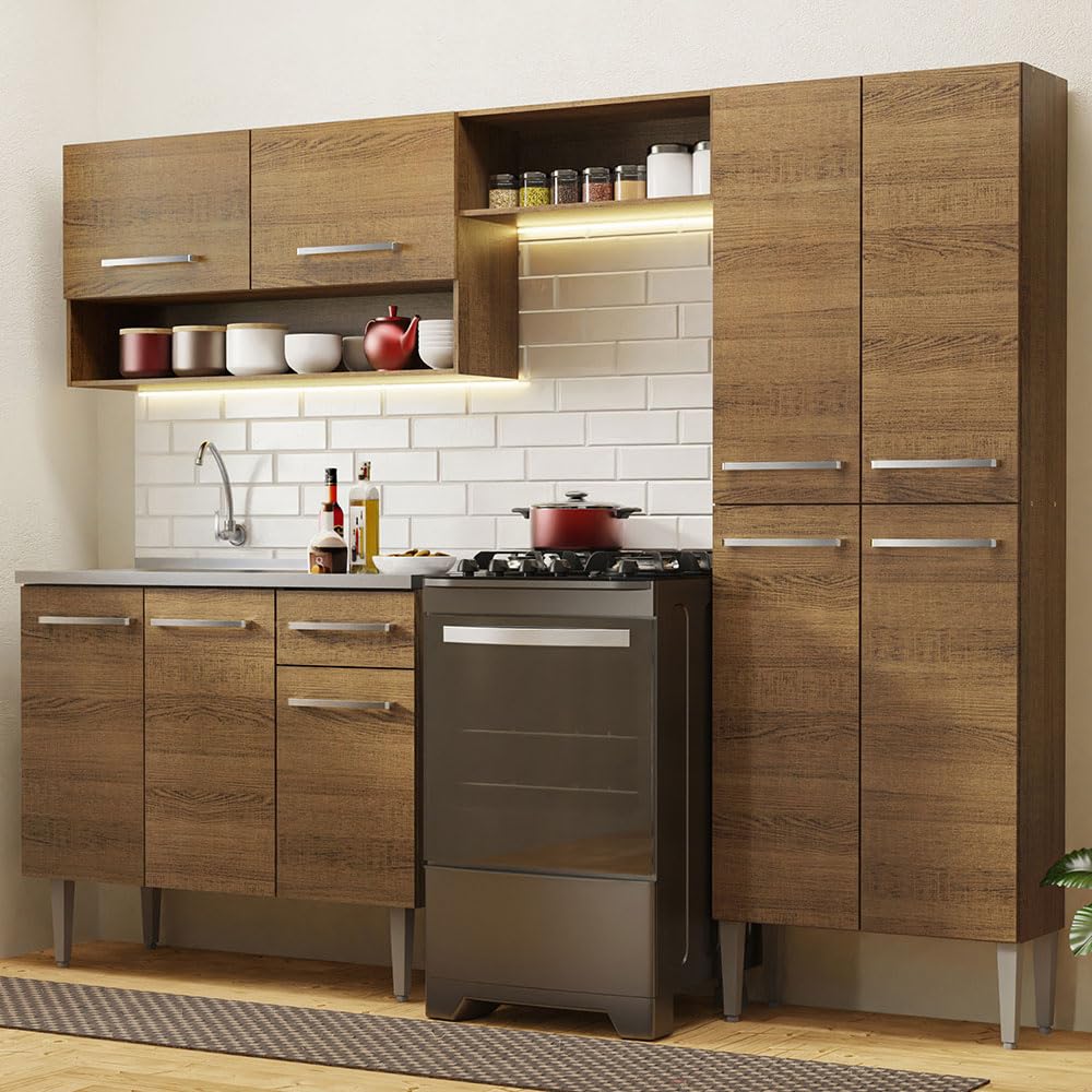 Madesa Full Modular Kitchen Set with Sink | 229 cm Wide | 4 Cabinets, Drawers & Wall-Mounted Storage | Brown | Engineered Wood