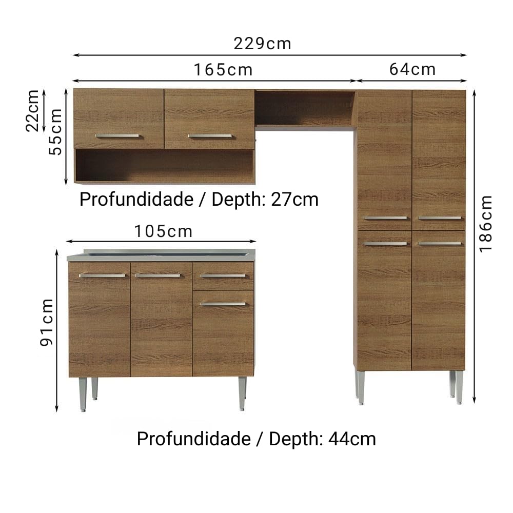 Madesa Full Modular Kitchen Set with Sink | 229 cm Wide | 4 Cabinets, Drawers & Wall-Mounted Storage | Brown | Engineered Wood