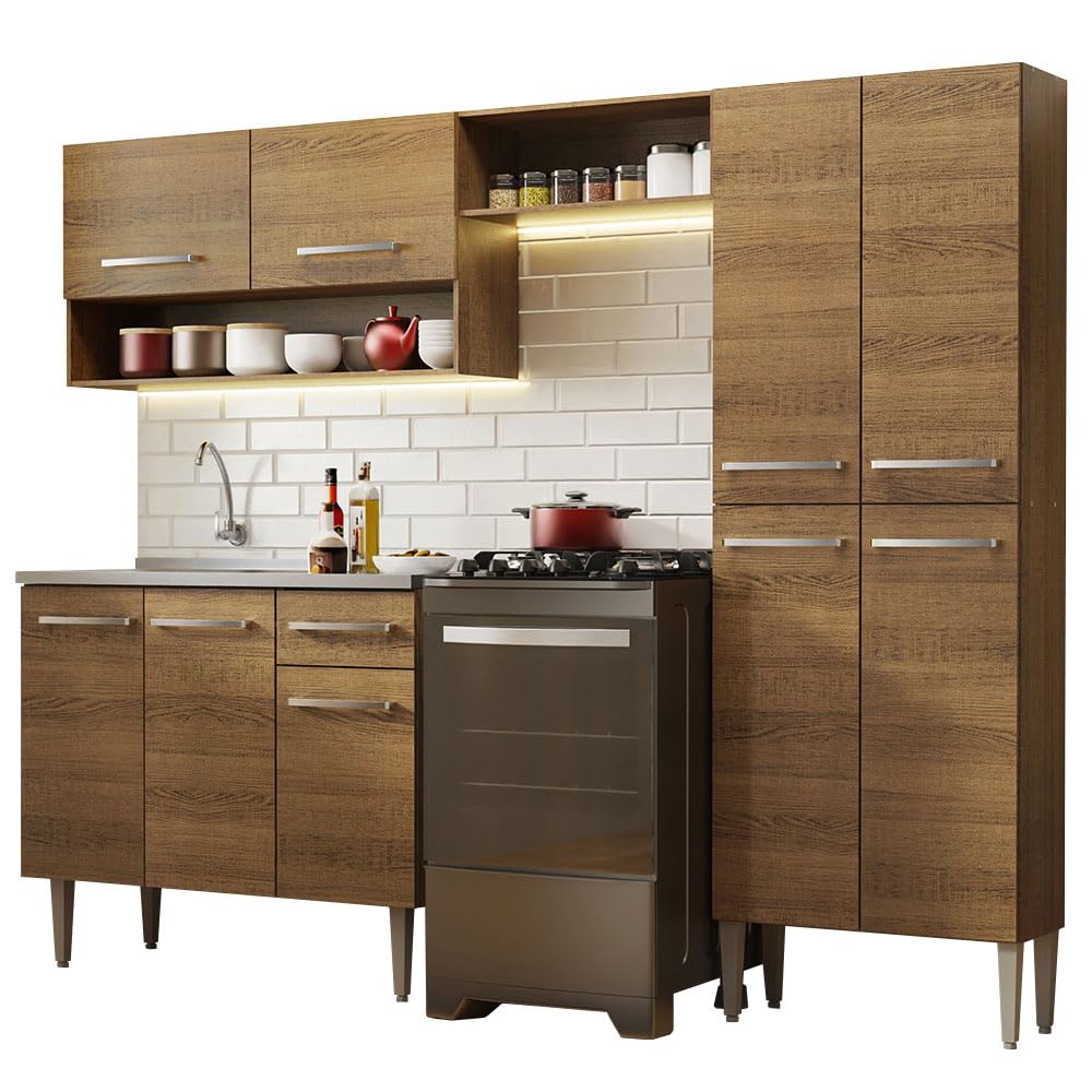 Madesa Full Modular Kitchen Set with Sink | 229 cm Wide | 4 Cabinets, Drawers & Wall-Mounted Storage | Brown | Engineered Wood