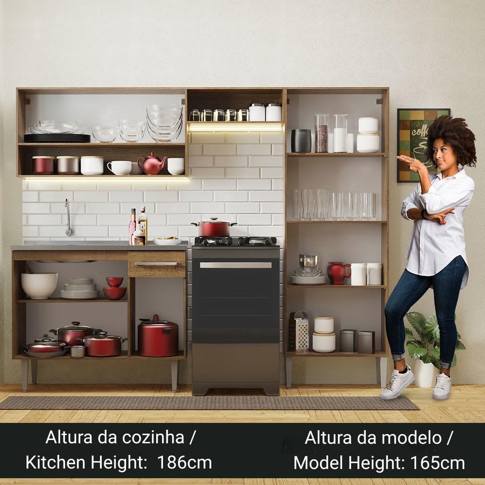 Madesa Full Modular Kitchen Set with Sink | 229 cm Wide | 4 Cabinets, Drawers & Wall-Mounted Storage | Brown | Engineered Wood