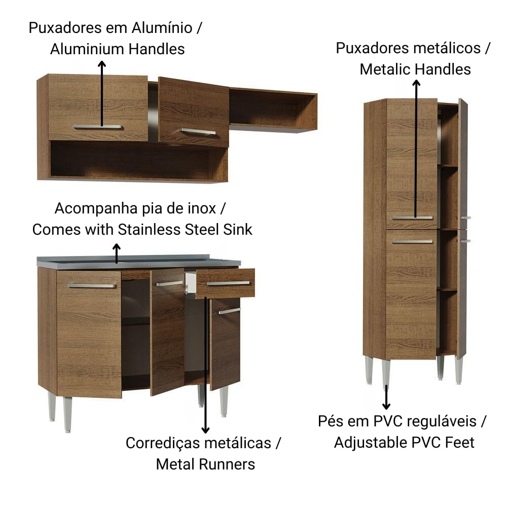 Madesa Full Modular Kitchen Set with Sink | 229 cm Wide | 4 Cabinets, Drawers & Wall-Mounted Storage | Brown | Engineered Wood