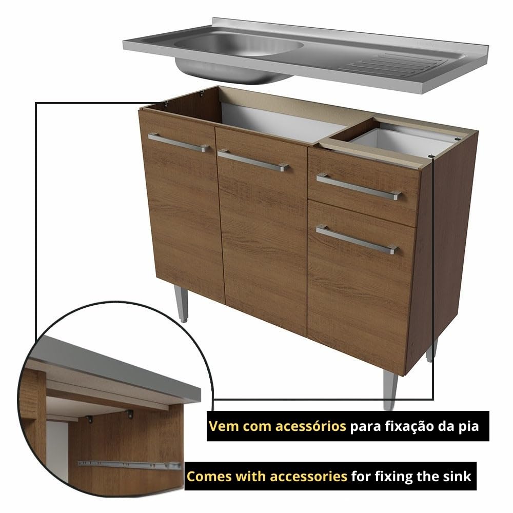 Madesa Full Modular Kitchen Set with Sink | 229 cm Wide | 4 Cabinets, Drawers & Wall-Mounted Storage | Brown | Engineered Wood