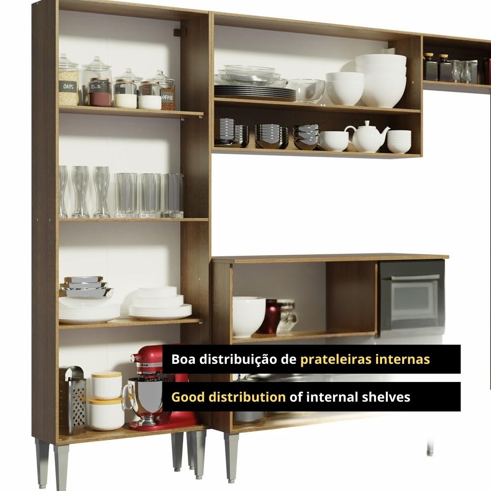 Madesa Full Modular Kitchen Set with Sink | 229 cm Wide | 4 Cabinets, Drawers & Wall-Mounted Storage | Brown | Engineered Wood