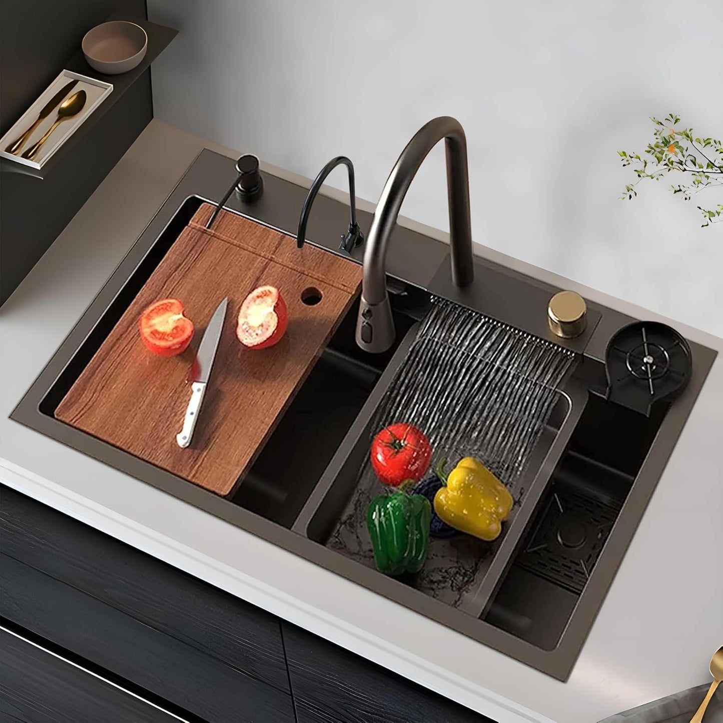 Marcoware Anti-Scratch Stainless Steel Kitchen Sink | 30x18" Waterfall Sink with Pull Down Faucet, RO Tap, Cup Washer, Chopping Board & Drain Basket (Nano Black)
