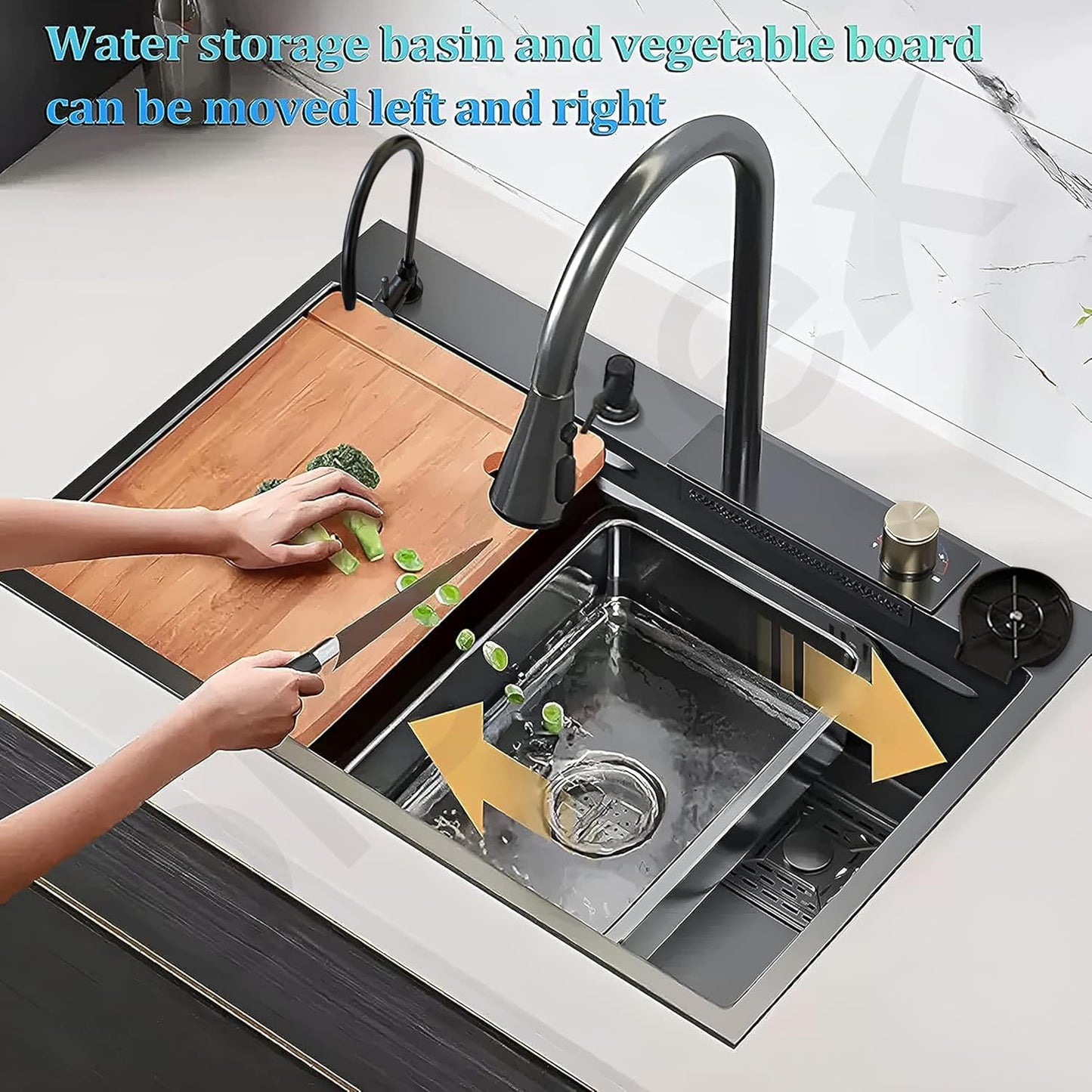 Marcoware Anti-Scratch Stainless Steel Kitchen Sink | 30x18" Waterfall Sink with Pull Down Faucet, RO Tap, Cup Washer, Chopping Board & Drain Basket (Nano Black)
