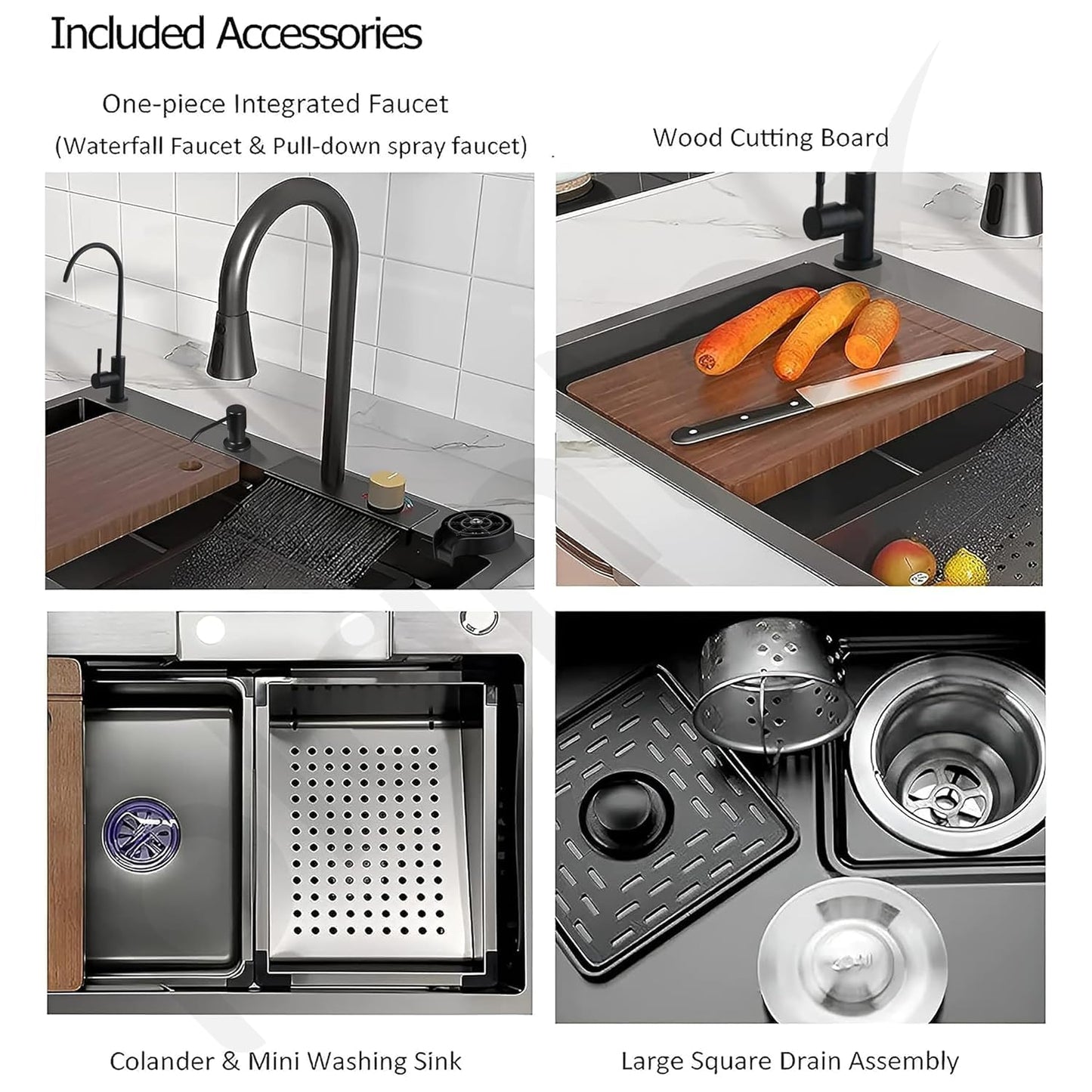 Marcoware Anti-Scratch Stainless Steel Kitchen Sink | 30x18" Waterfall Sink with Pull Down Faucet, RO Tap, Cup Washer, Chopping Board & Drain Basket (Nano Black)