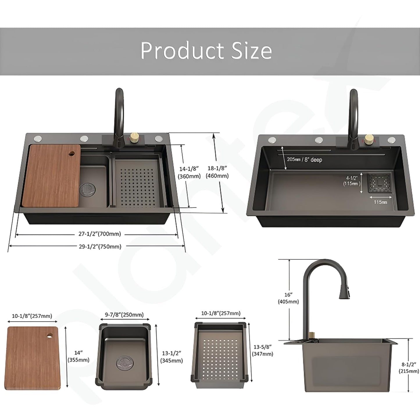 Marcoware Anti-Scratch Stainless Steel Kitchen Sink | 30x18" Waterfall Sink with Pull Down Faucet, RO Tap, Cup Washer, Chopping Board & Drain Basket (Nano Black)