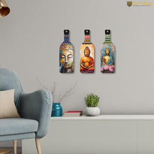 VMMPL Meditating Gautam Buddha Wooden Wall Hanging Set of 3 | Decorative MDF Wall Art Panels for Home & Office | Multicolor Rectangular Portrait Artwork