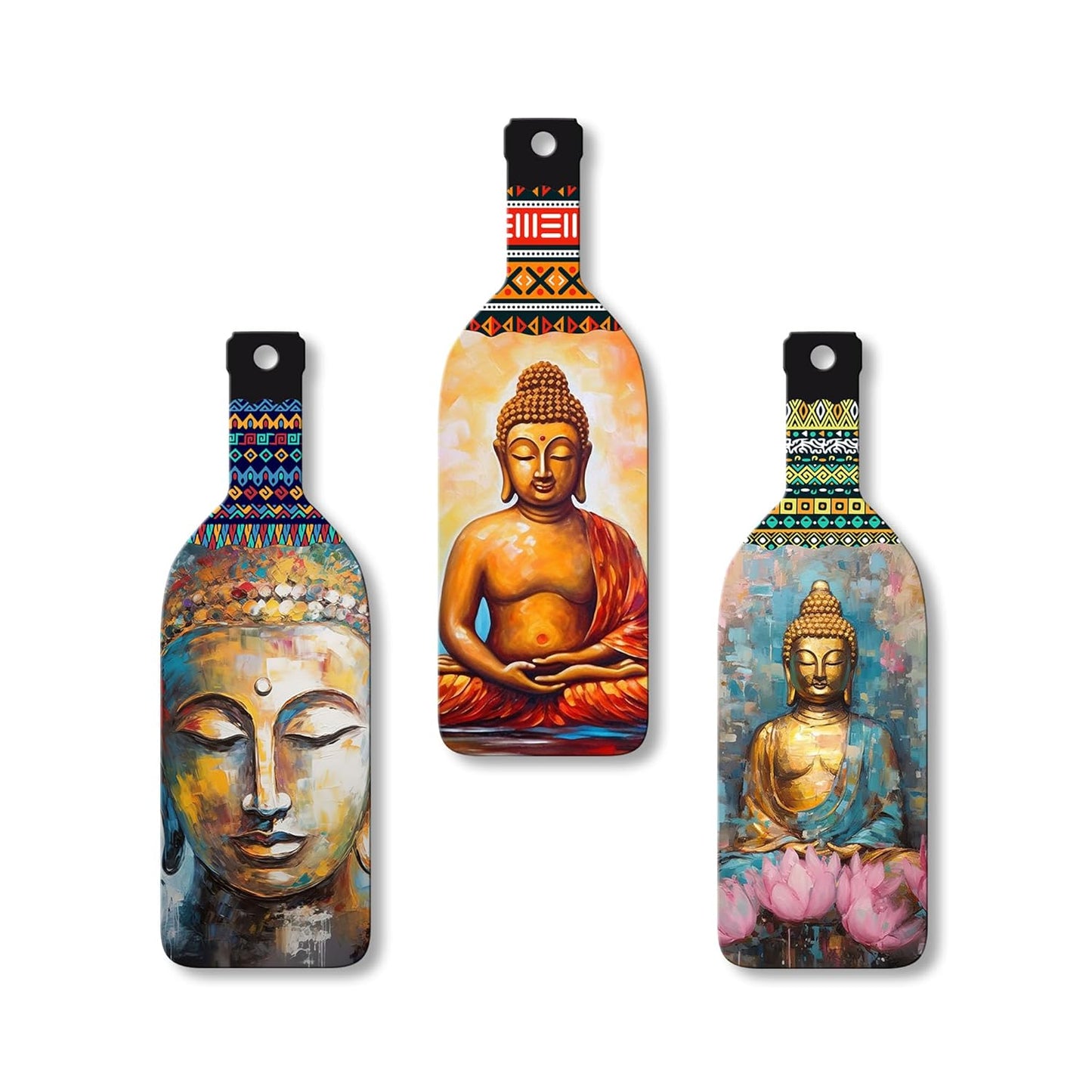 VMMPL Meditating Gautam Buddha Wooden Wall Hanging Set of 3 | Decorative MDF Wall Art Panels for Home & Office | Multicolor Rectangular Portrait Artwork
