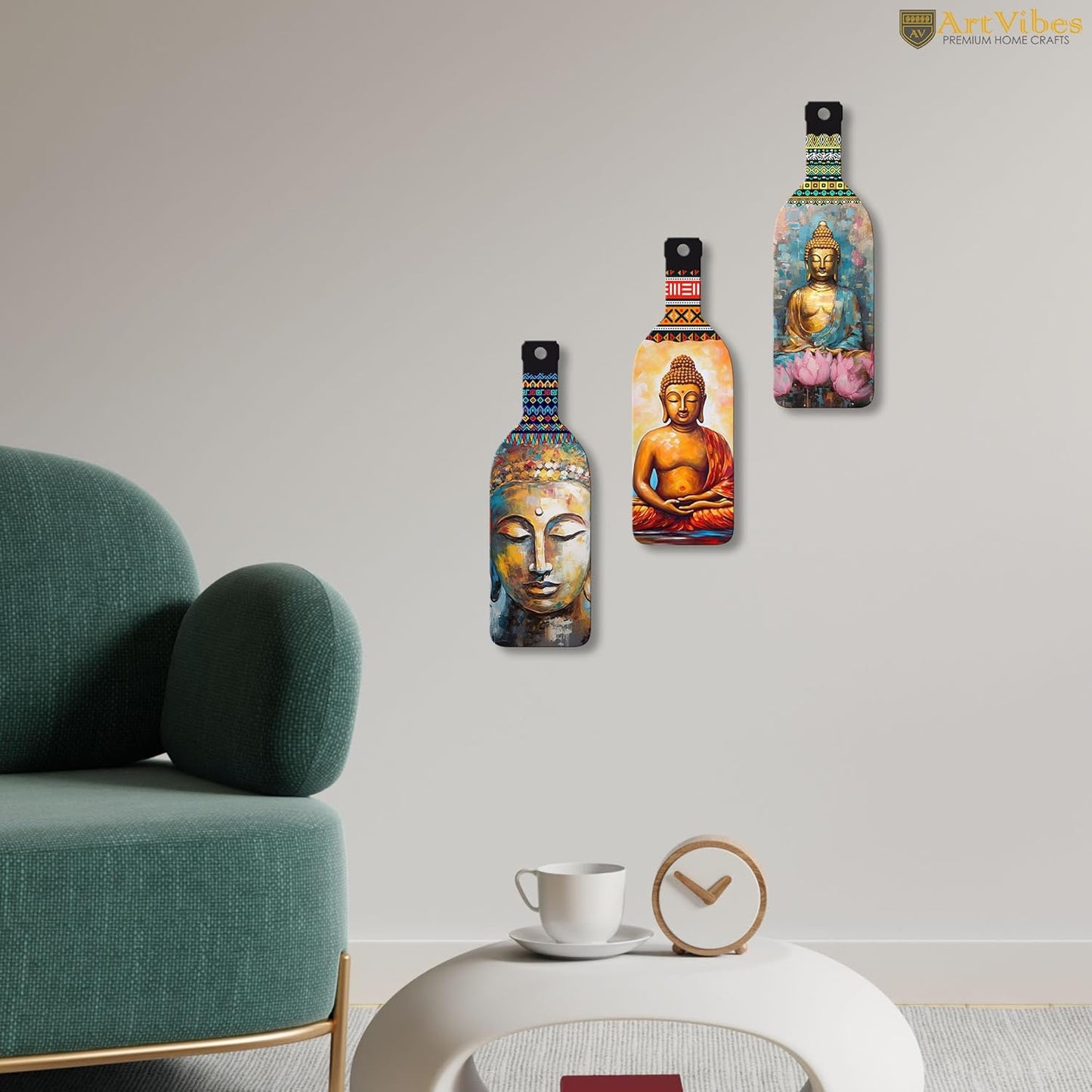 VMMPL Meditating Gautam Buddha Wooden Wall Hanging Set of 3 | Decorative MDF Wall Art Panels for Home & Office | Multicolor Rectangular Portrait Artwork