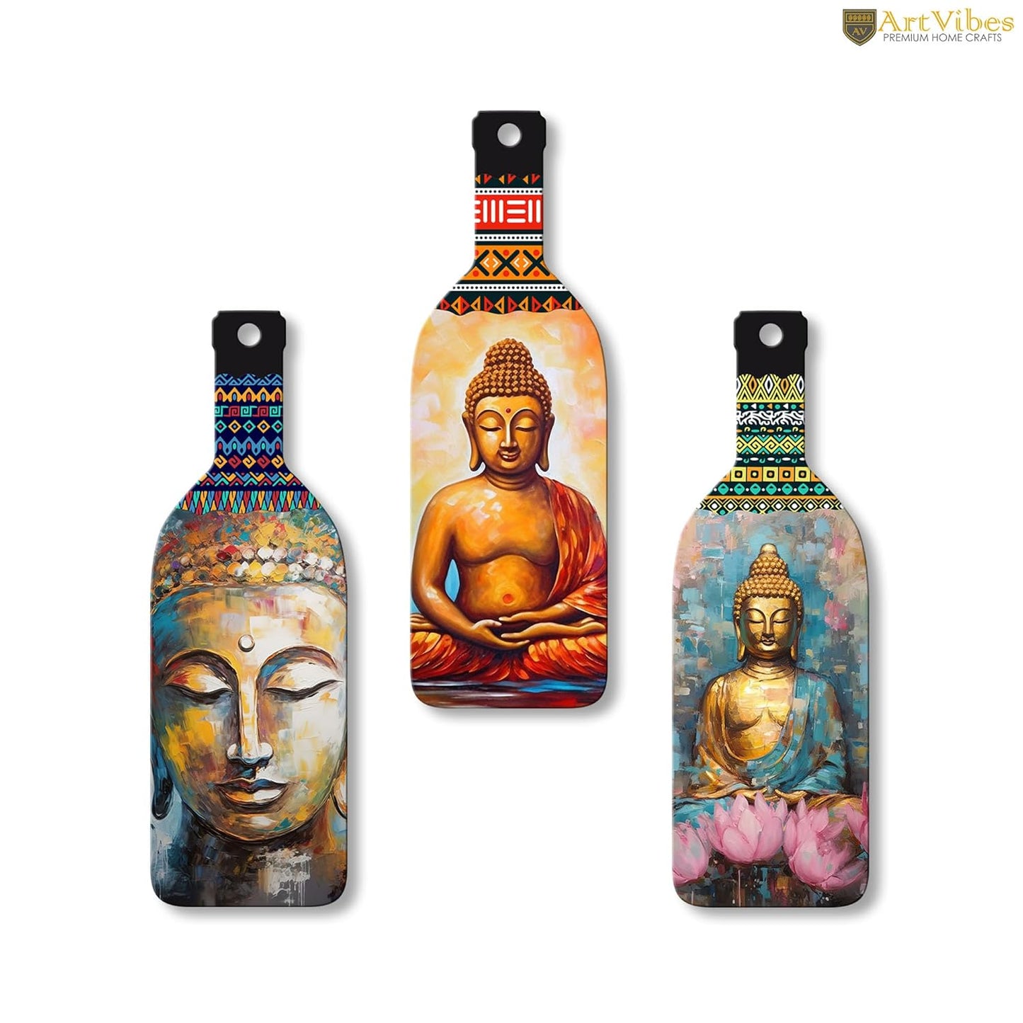 VMMPL Meditating Gautam Buddha Wooden Wall Hanging Set of 3 | Decorative MDF Wall Art Panels for Home & Office | Multicolor Rectangular Portrait Artwork