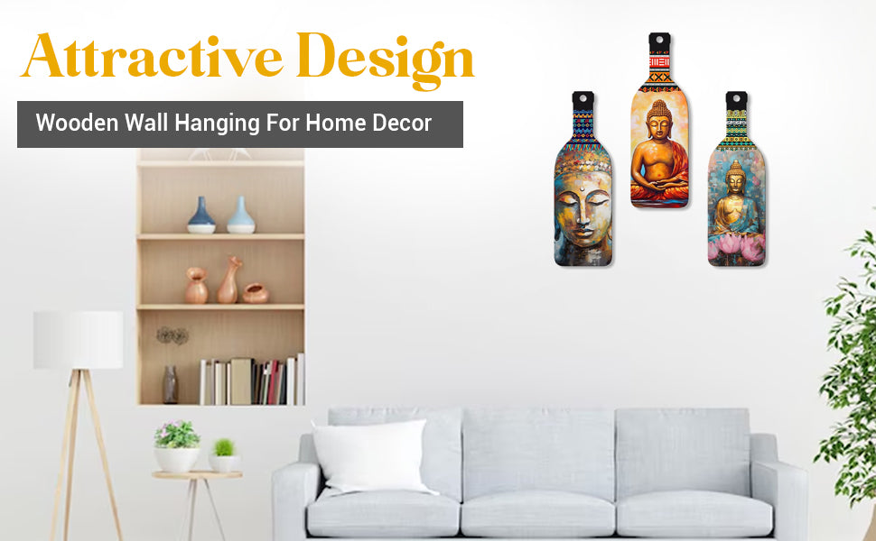 VMMPL Meditating Gautam Buddha Wooden Wall Hanging Set of 3 | Decorative MDF Wall Art Panels for Home & Office | Multicolor Rectangular Portrait Artwork