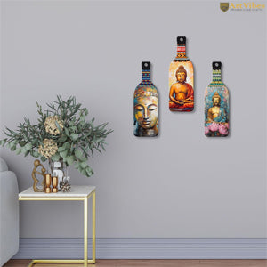 VMMPL Meditating Gautam Buddha Wooden Wall Hanging Set of 3 | Decorative MDF Wall Art Panels for Home & Office | Multicolor Rectangular Portrait Artwork