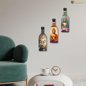 VMMPL Meditating Gautam Buddha Wooden Wall Hanging Set of 3 | Decorative MDF Wall Art Panels for Home & Office | Multicolor Rectangular Portrait Artwork