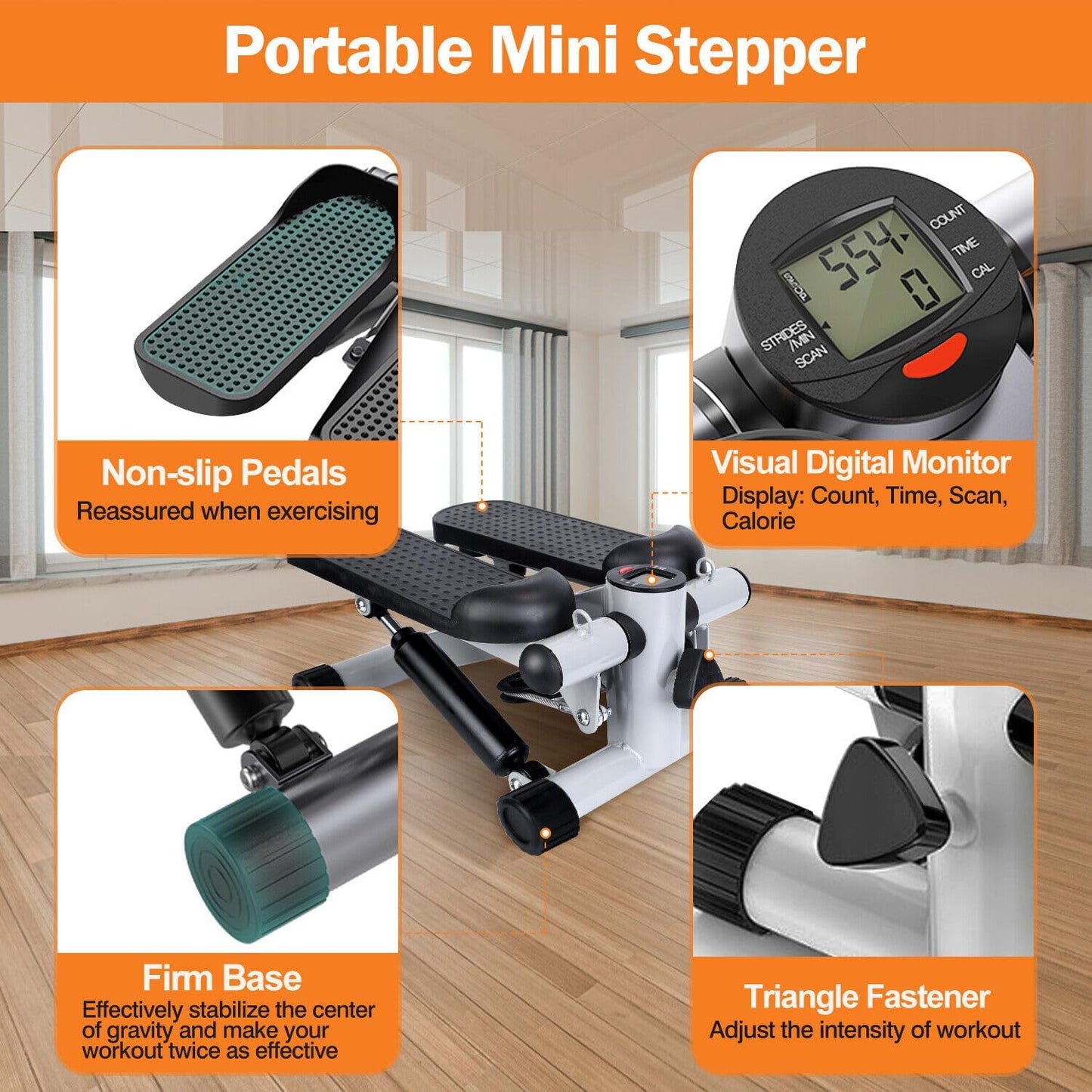 FLOVTRIX Portable Mini Stepper Machine with Adjustable Resistance Bands & LCD Monitor Tone Legs, Thighs, Waist, and Buttocks | Cardio Fitness for Home & Gym | Unisex Workout Equipment