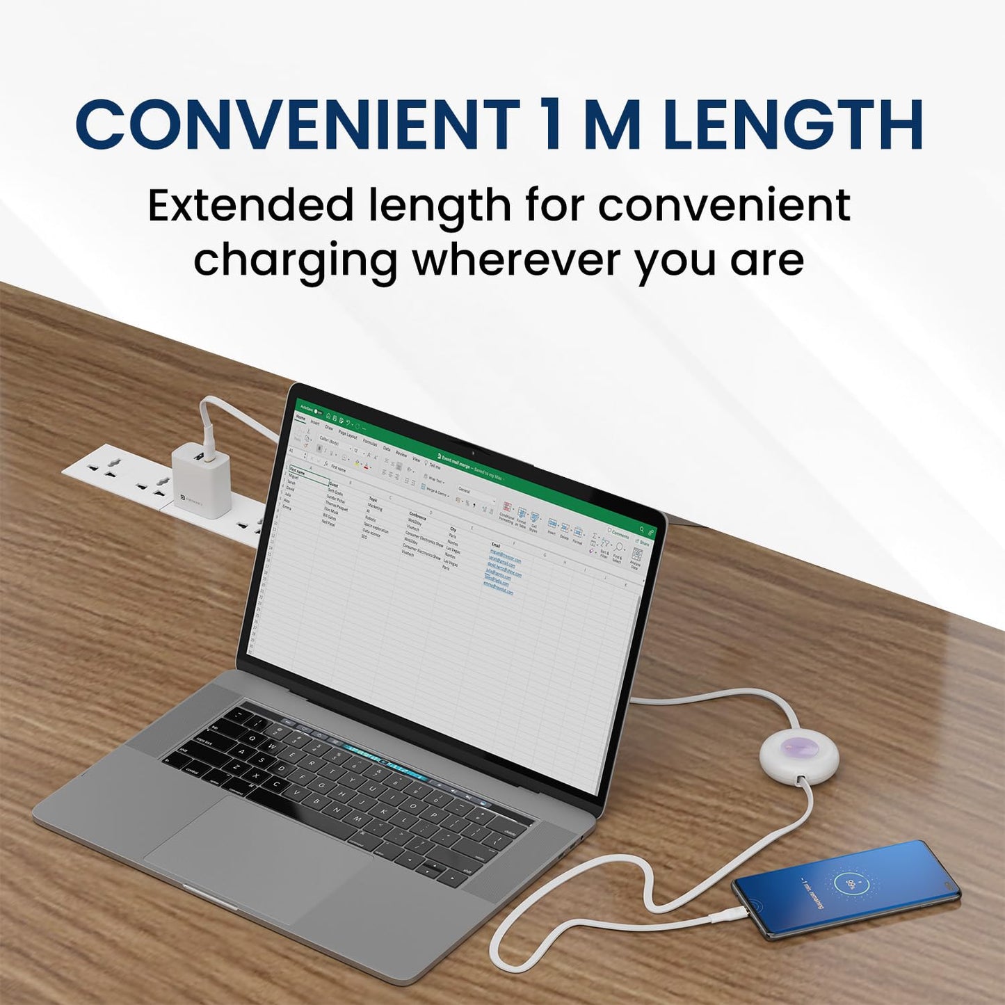 Portronics Konnect Recoil 100W Type-C Retractable Cable – Fast Charging & Data Sync | Compatible with iPhone 15 Series & All Type-C Devices (White)