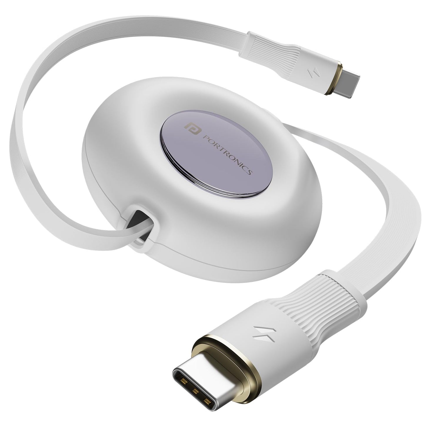 Portronics Konnect Recoil 100W Type-C Retractable Cable – Fast Charging & Data Sync | Compatible with iPhone 15 Series & All Type-C Devices (White)