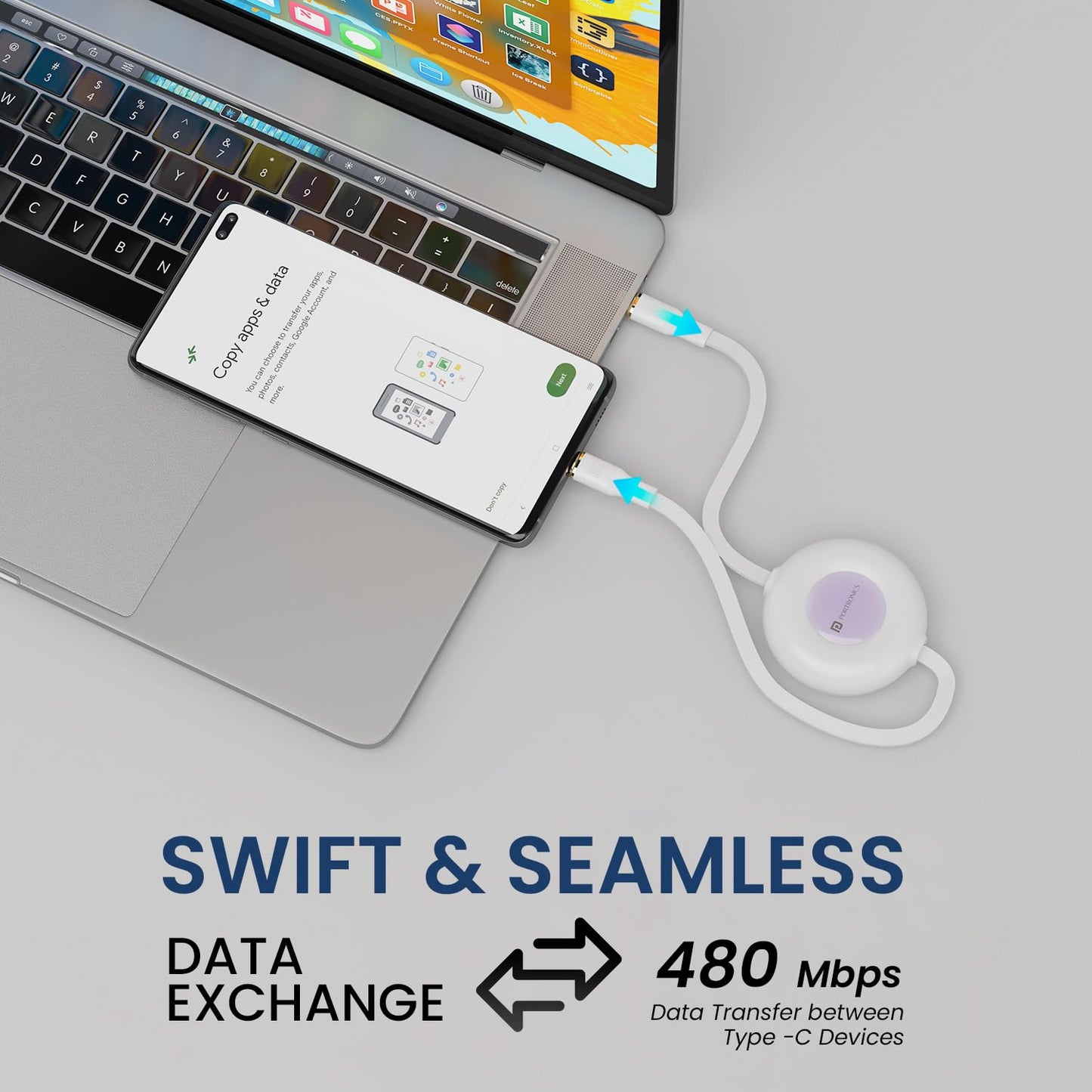 Portronics Konnect Recoil 100W Type-C Retractable Cable – Fast Charging & Data Sync | Compatible with iPhone 15 Series & All Type-C Devices (White)