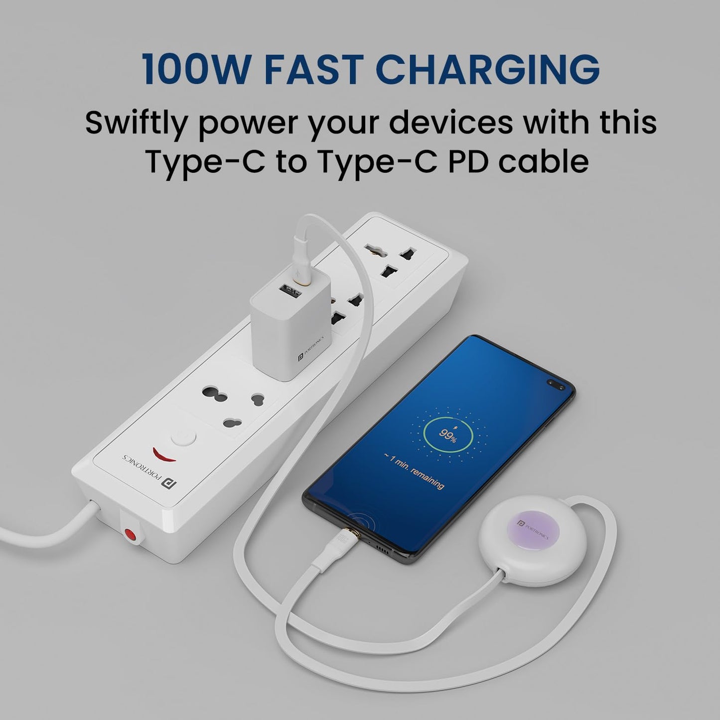 Portronics Konnect Recoil 100W Type-C Retractable Cable – Fast Charging & Data Sync | Compatible with iPhone 15 Series & All Type-C Devices (White)