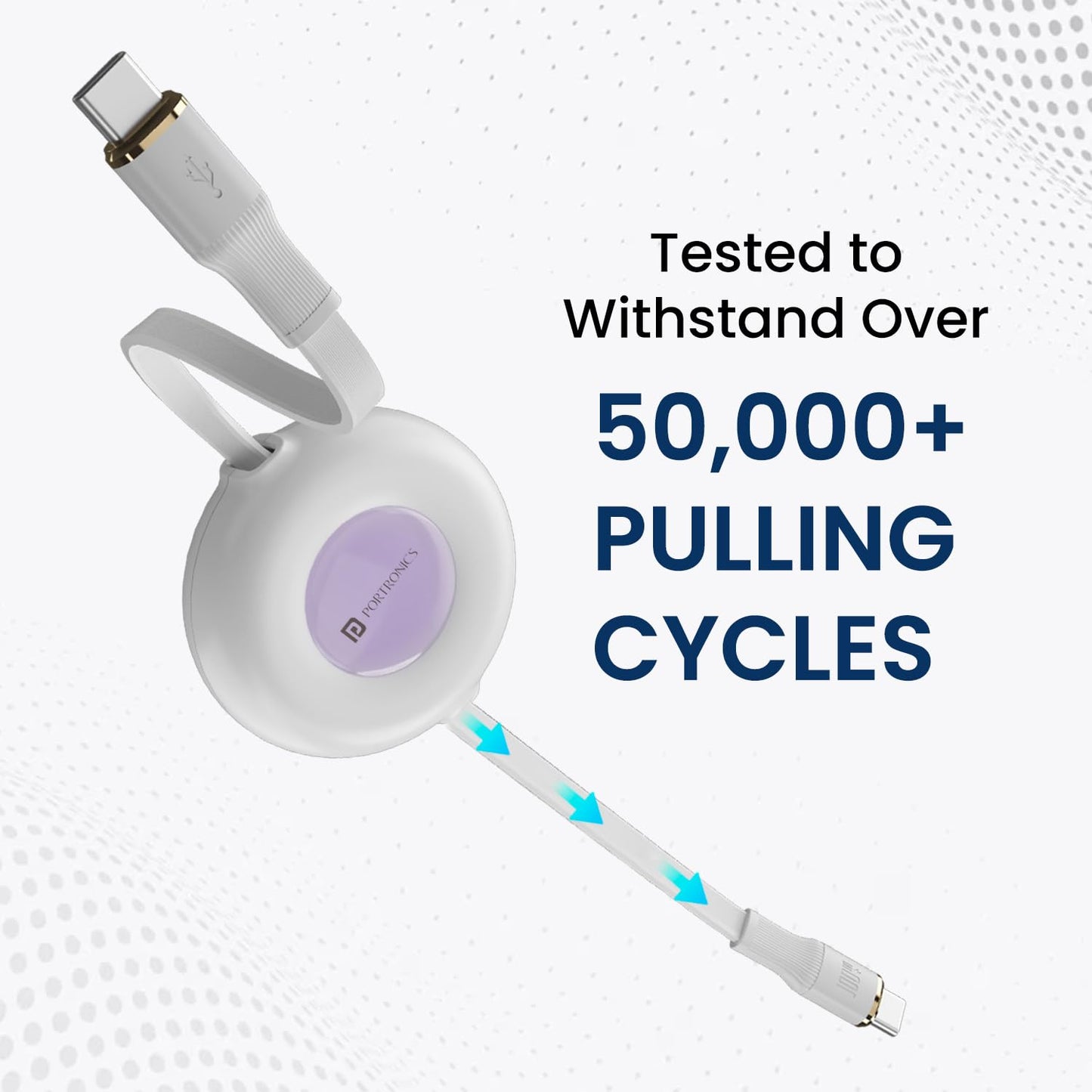 Portronics Konnect Recoil 100W Type-C Retractable Cable – Fast Charging & Data Sync | Compatible with iPhone 15 Series & All Type-C Devices (White)