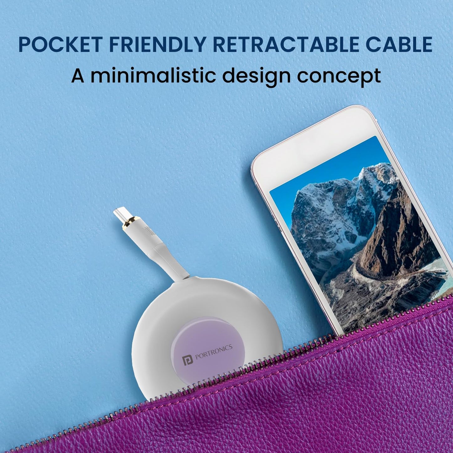 Portronics Konnect Recoil 100W Type-C Retractable Cable – Fast Charging & Data Sync | Compatible with iPhone 15 Series & All Type-C Devices (White)