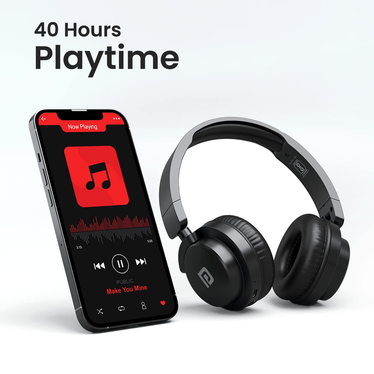 Portronics Muffs M2 Bluetooth Headphones (Black) – On-Ear, 40H Playtime, 40mm Drivers, AUX & Wireless Support, Foldable, Type-C Charging