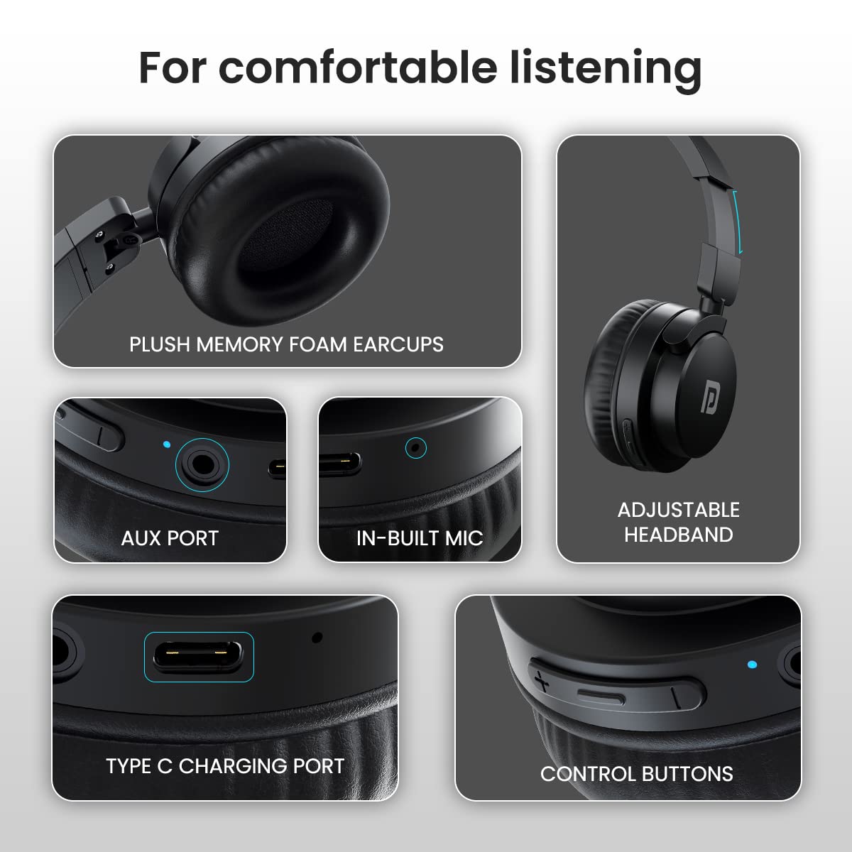 Portronics Muffs M2 Bluetooth Headphones (Black) – On-Ear, 40H Playtime, 40mm Drivers, AUX & Wireless Support, Foldable, Type-C Charging