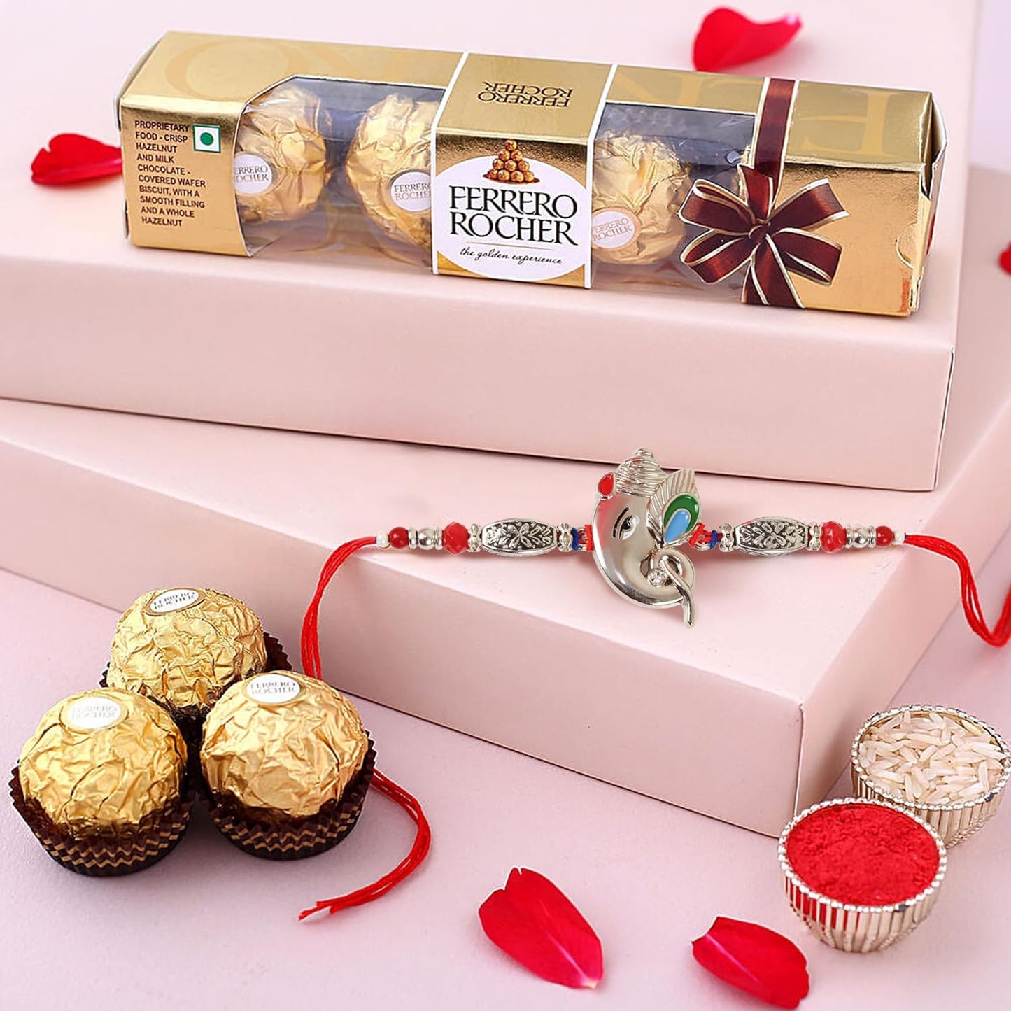 Rakhi Gift for Brother - Premium Rakhi with Ferrero Rocher Chocolate Pack and Greeting Card - Raksha Bandhan Special Combo