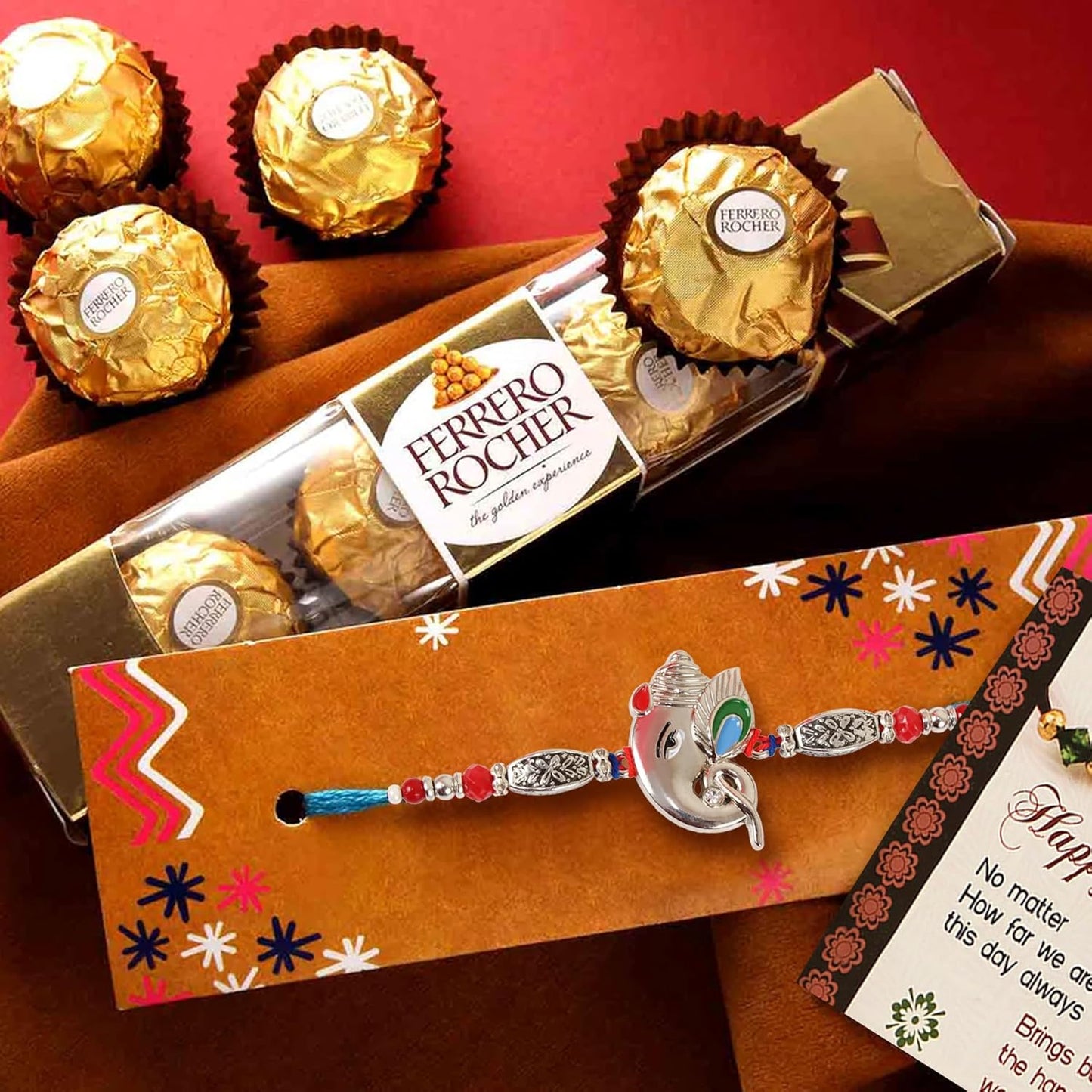 Rakhi Gift for Brother - Premium Rakhi with Ferrero Rocher Chocolate Pack and Greeting Card - Raksha Bandhan Special Combo