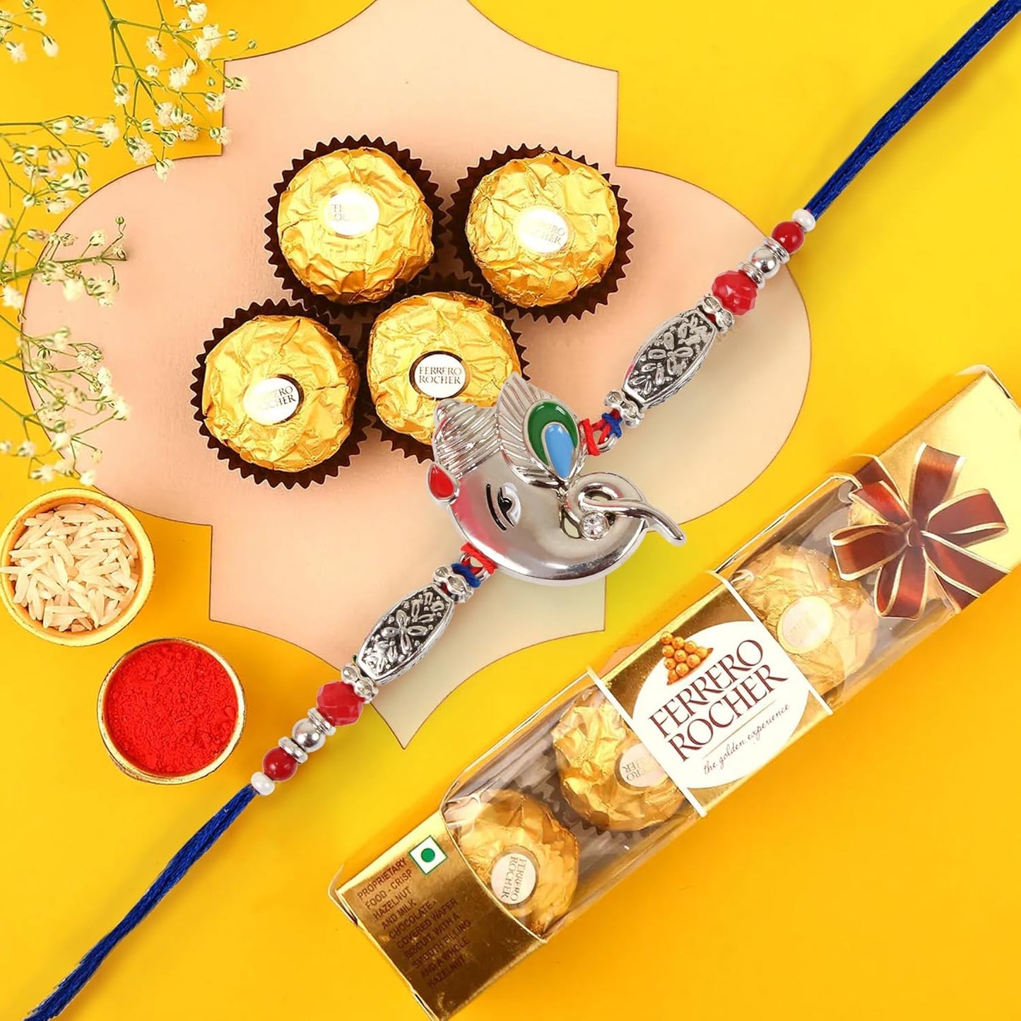 Rakhi Gift for Brother - Premium Rakhi with Ferrero Rocher Chocolate Pack and Greeting Card - Raksha Bandhan Special Combo