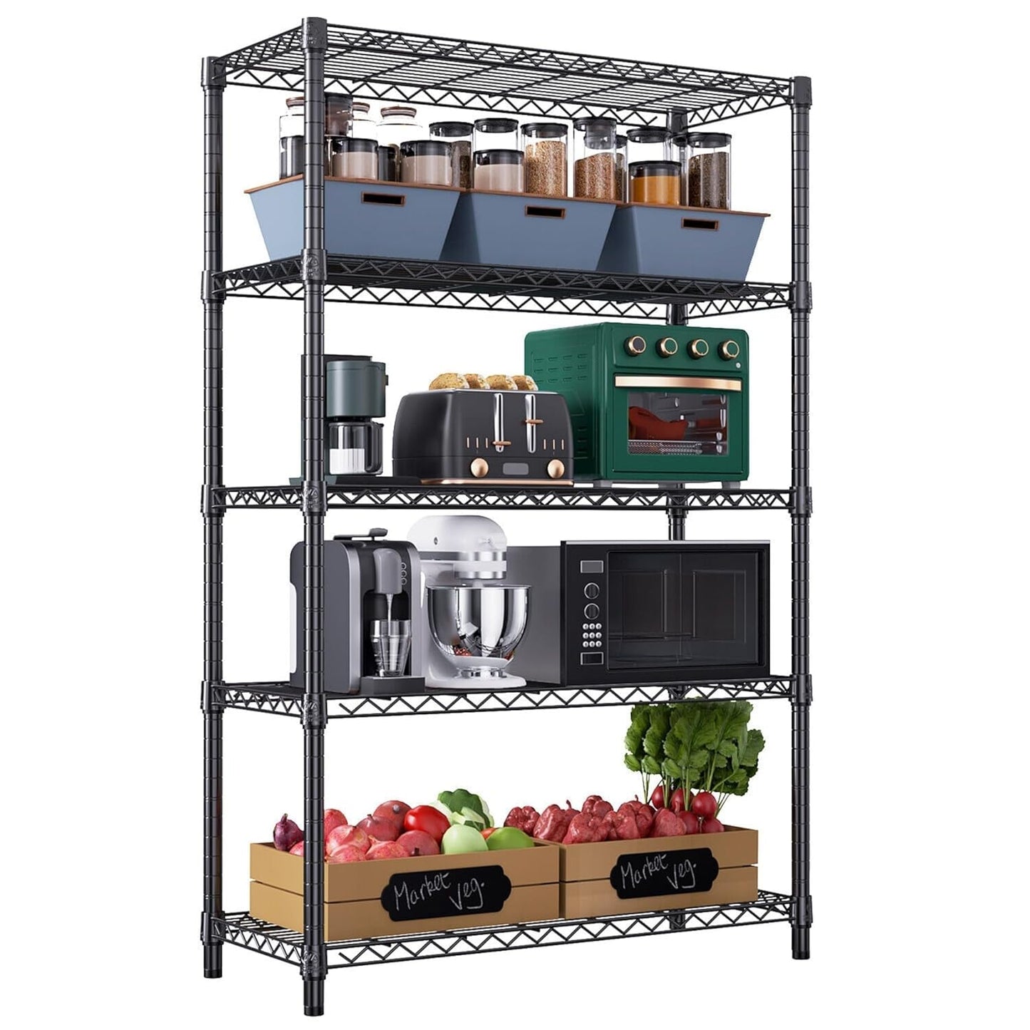 STORACK Heavy Duty 5-Shelf Adjustable Metal Rack | Foldable, Multipurpose Storage Organizer for Kitchen, Garage, Office, Warehouse (Black Coated Steel, 30x14x60 Inches)
