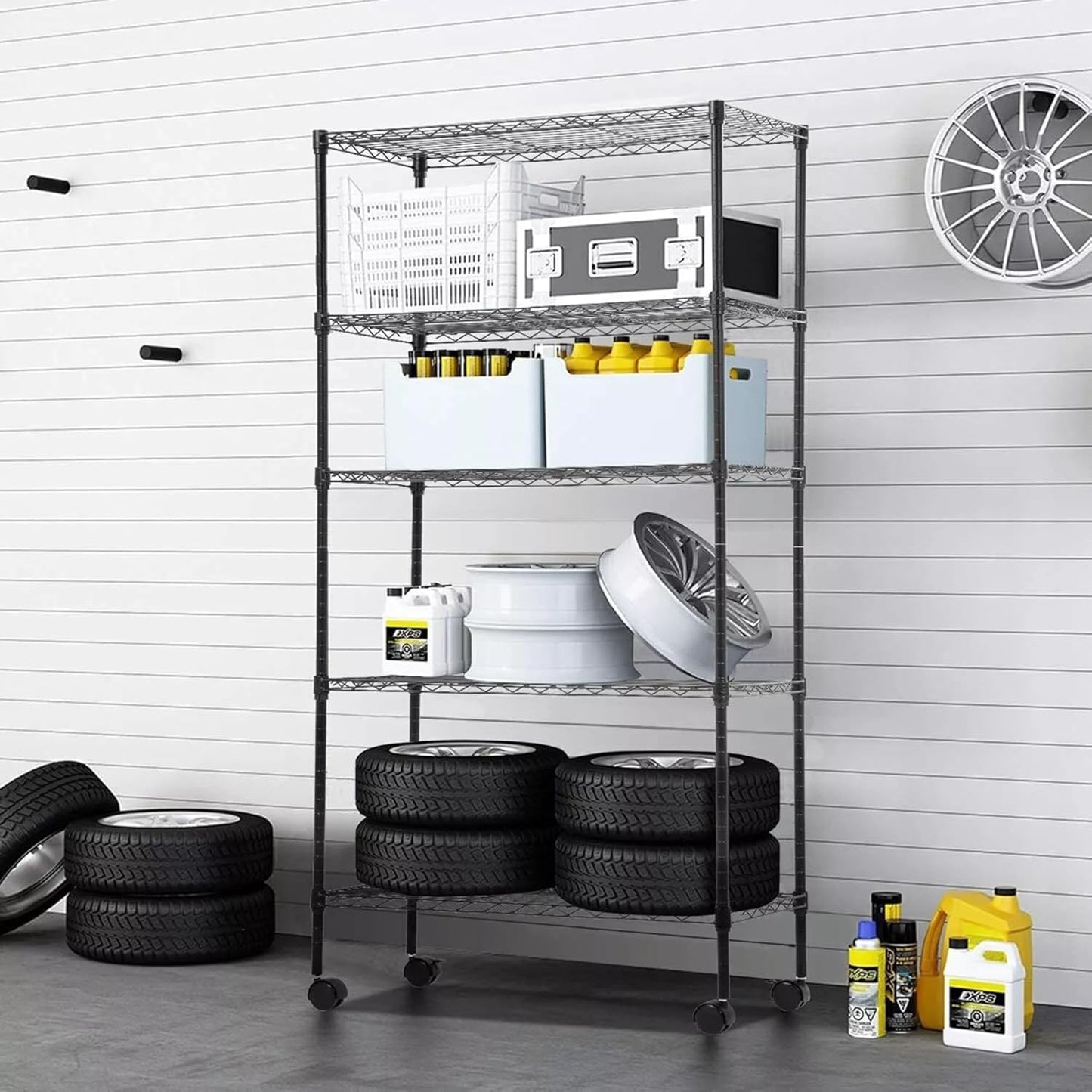 STORACK Heavy Duty 5-Shelf Adjustable Metal Rack | Foldable, Multipurpose Storage Organizer for Kitchen, Garage, Office, Warehouse (Black Coated Steel, 30x14x60 Inches)
