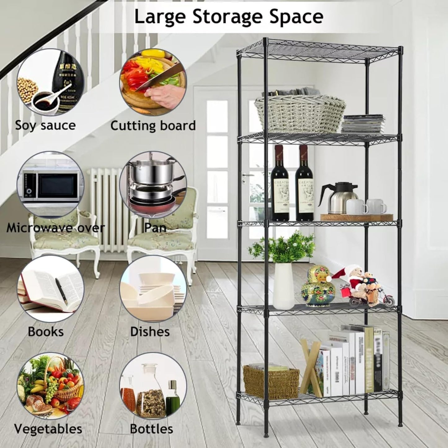 STORACK Heavy Duty 5-Shelf Adjustable Metal Rack | Foldable, Multipurpose Storage Organizer for Kitchen, Garage, Office, Warehouse (Black Coated Steel, 30x14x60 Inches)