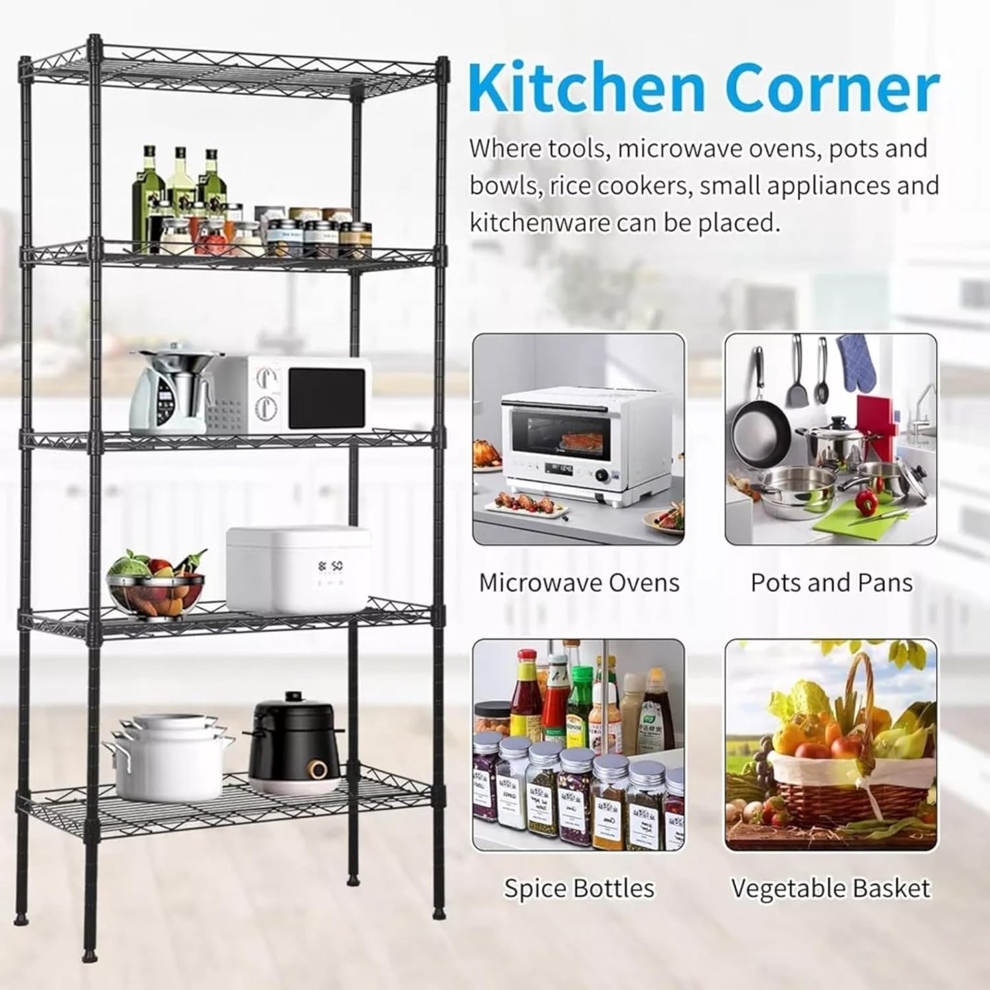 STORACK Heavy Duty 5-Shelf Adjustable Metal Rack | Foldable, Multipurpose Storage Organizer for Kitchen, Garage, Office, Warehouse (Black Coated Steel, 30x14x60 Inches)
