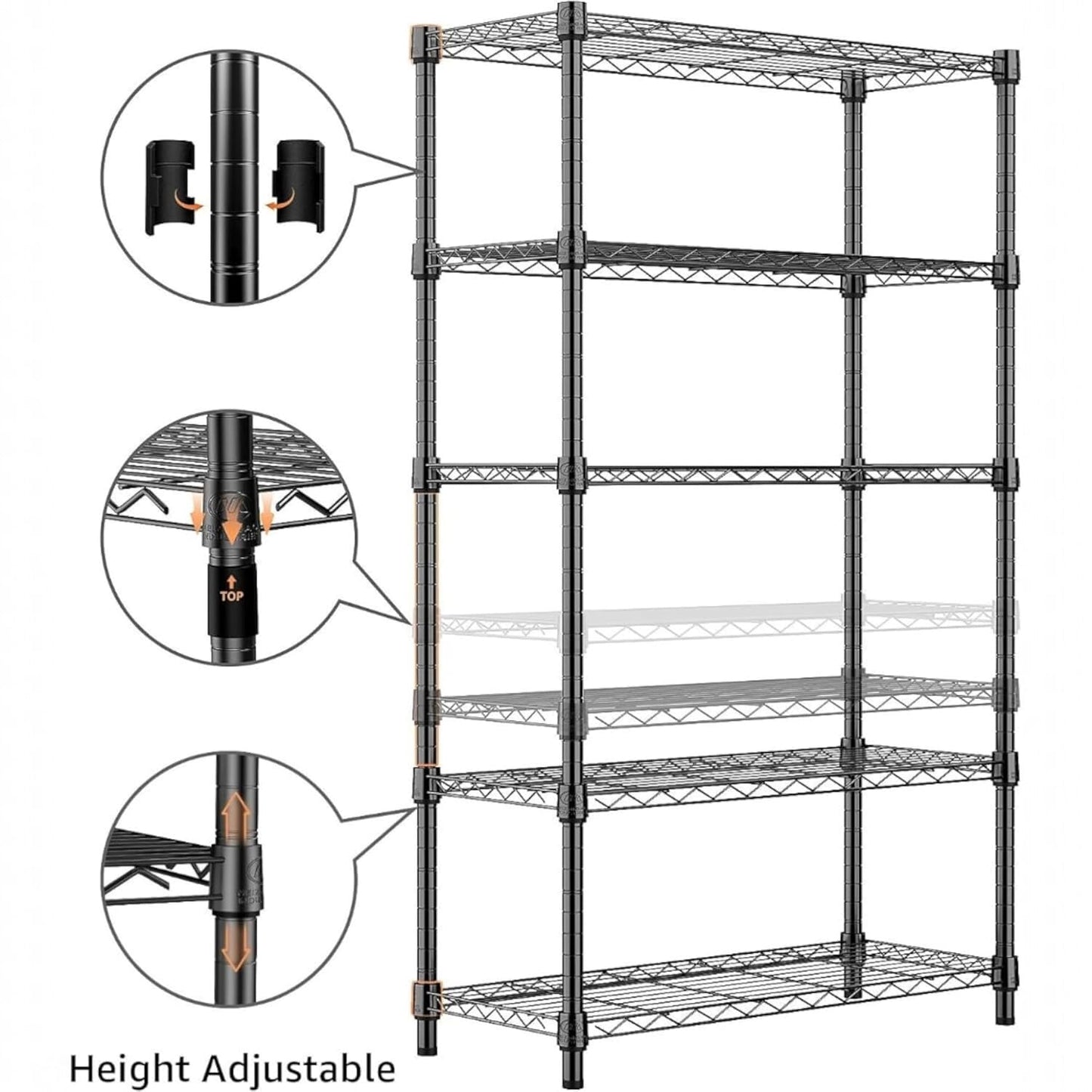STORACK Heavy Duty 5-Shelf Adjustable Metal Rack | Foldable, Multipurpose Storage Organizer for Kitchen, Garage, Office, Warehouse (Black Coated Steel, 30x14x60 Inches)