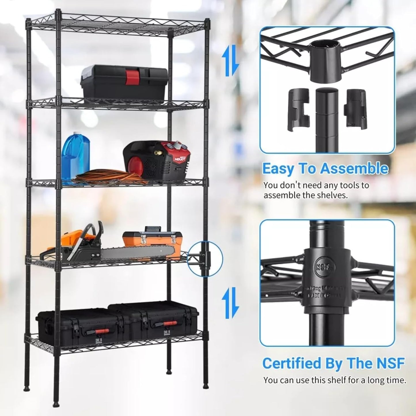 STORACK Heavy Duty 5-Shelf Adjustable Metal Rack | Foldable, Multipurpose Storage Organizer for Kitchen, Garage, Office, Warehouse (Black Coated Steel, 30x14x60 Inches)