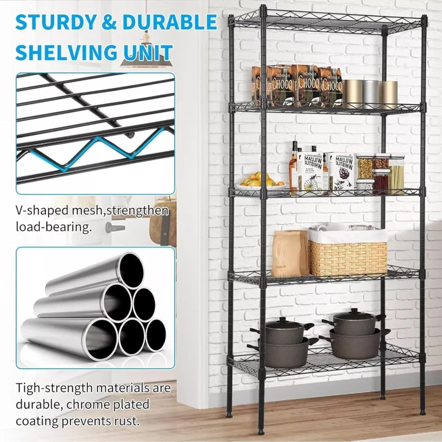 STORACK Heavy Duty 5-Shelf Adjustable Metal Rack | Foldable, Multipurpose Storage Organizer for Kitchen, Garage, Office, Warehouse (Black Coated Steel, 30x14x60 Inches)