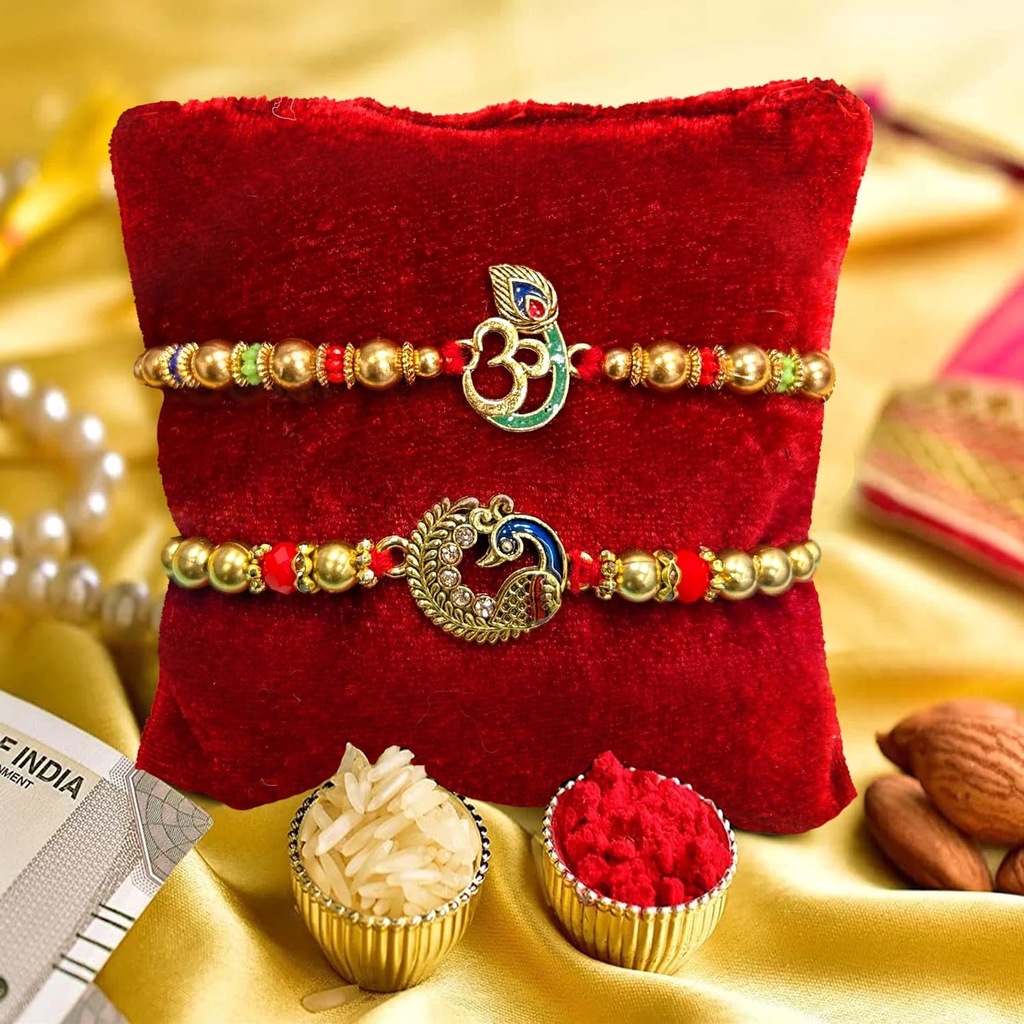 VMMPL Rakhi Gift for Brother | Premium Rakhi & Chocolate Combo Set – Set of 2 Rakhis with Hershey’s Kisses, Ferrero Rocher & Roli Chawal