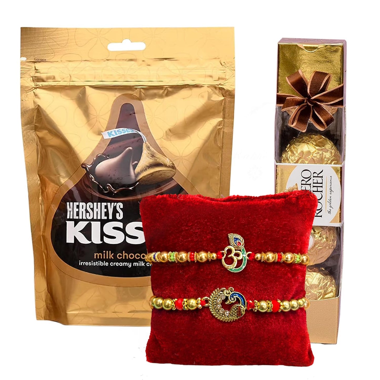 VMMPL Rakhi Gift for Brother | Premium Rakhi & Chocolate Combo Set – Set of 2 Rakhis with Hershey’s Kisses, Ferrero Rocher & Roli Chawal