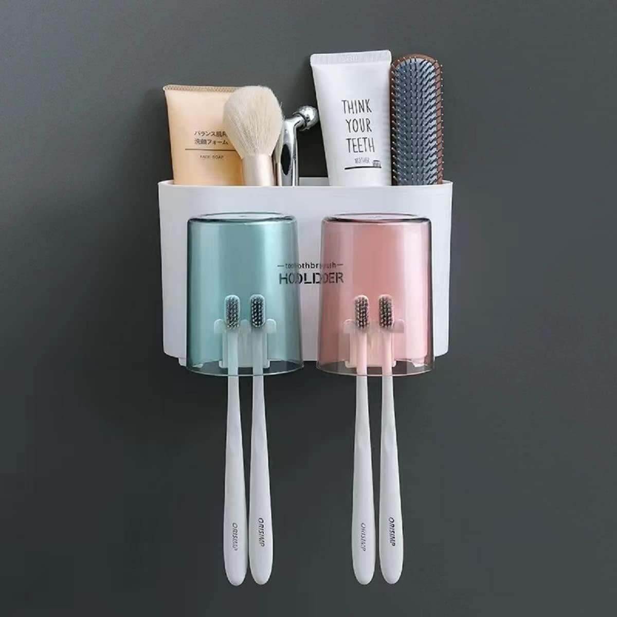 VMMPL Toothbrush Holder Wall Mounted | 2-Cup Tooth Brushes Organizer | Waterproof & Durable Brush Holder for Bathroom Wall with Magnetic Suspension Cups | White Plastic | Space Saving