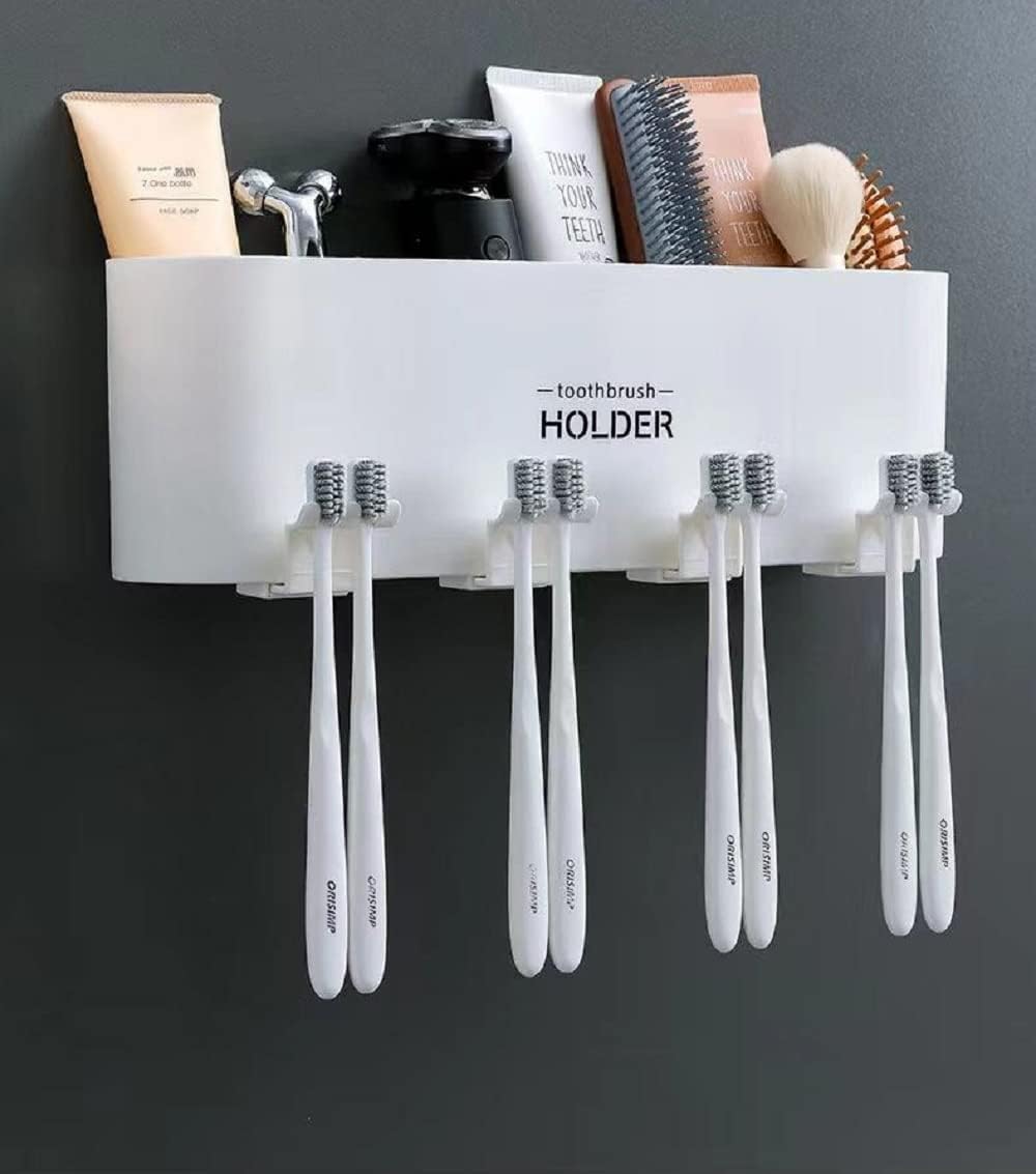 VMMPL Toothbrush Holder Wall Mounted | 2-Cup Tooth Brushes Organizer | Waterproof & Durable Brush Holder for Bathroom Wall with Magnetic Suspension Cups | White Plastic | Space Saving