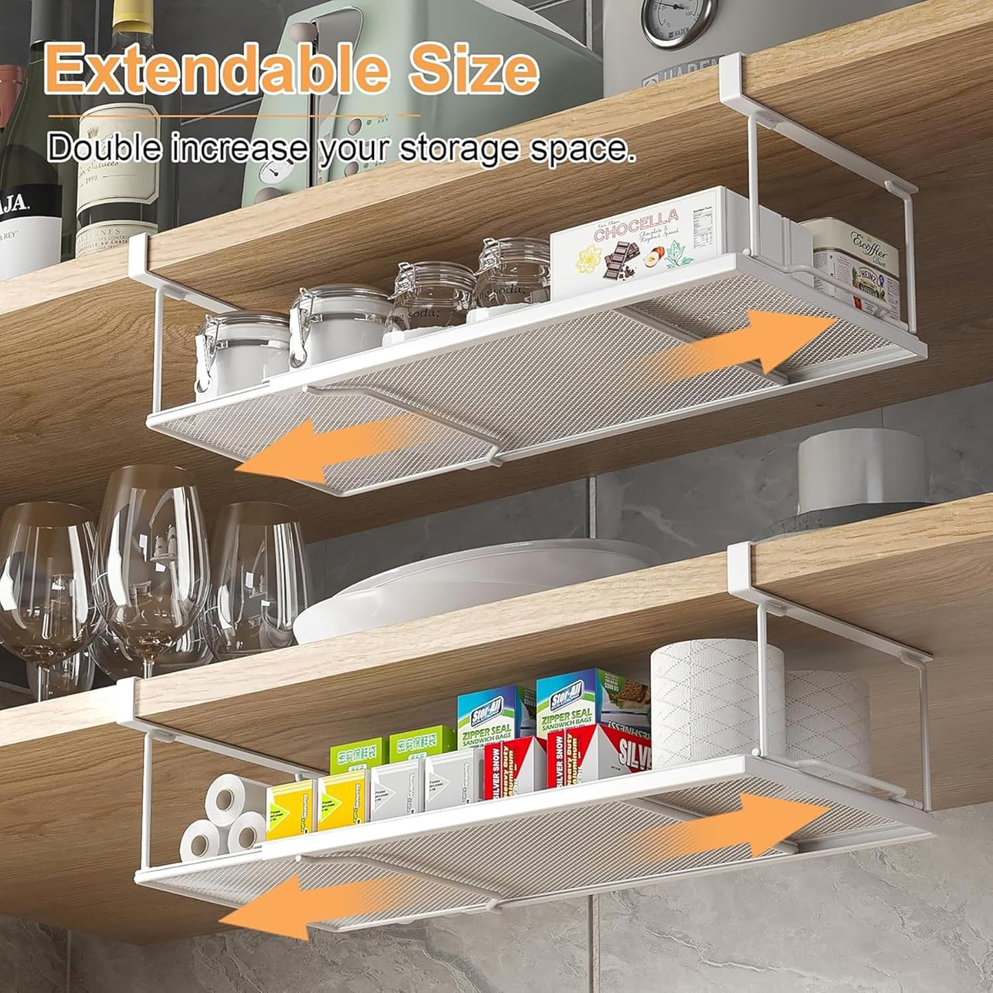 Under Shelf Rack for Kitchen | Expandable Metal Hanging Storage Organizer (Black)